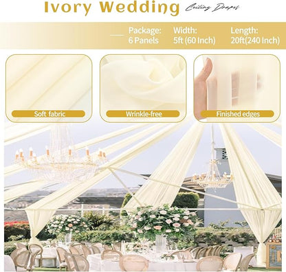 6 Panels Beige Ceiling Drapes for Wedding Ceiling Drapes 5ftx20ft Wedding Arch Draping Fabric Sheer Curtains Voile Chiffon Drapery Draping Decorations for Party Ceremony Stage
