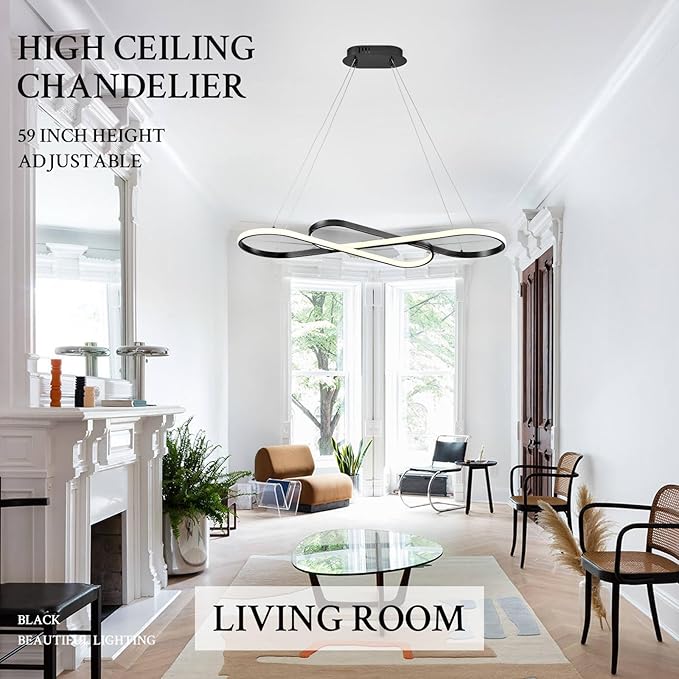 Modern LED Chandelier Black Dimmable LED Pendant Light for Dining Room Light Fixture Over Table Modern Kitchen Island Lighting High Ceiling with Remote for Living Room, 31.7 Inch