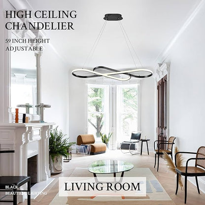 Modern LED Chandelier Black Dimmable LED Pendant Light for Dining Room Light Fixture Over Table Modern Kitchen Island Lighting High Ceiling with Remote for Living Room, 31.7 Inch
