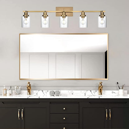 MELUCEE 5-Light Track Lighting Kit Brass Semi Flush Mount Ceiling Light Fixture with 5 Rotatable Light Heads, 37 Inch Modern Accent Lighting for Foyer Art Wall Kitchen, Clear Glass Shade