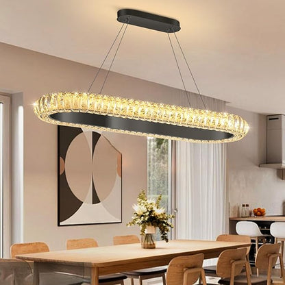 32'' Oval Ring Crystal Chandelier Modern LED Dimmable Ring Pendant Light Chandelier for Dining Room Living Room Black
