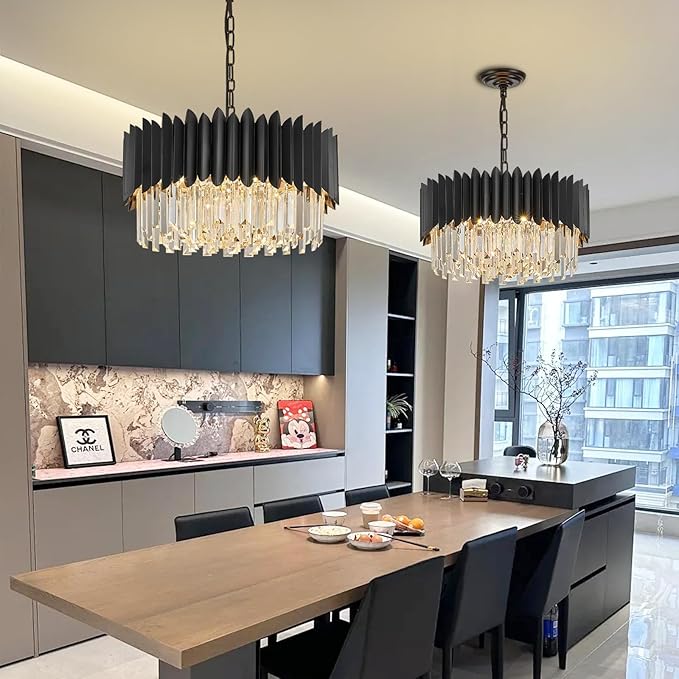 Black Crystal Chandelier 20'' K9 Crystal Round Pendant Lights Adjustable 4-Tier Large Modern Crystal Chandelier 6-Lights for Dining Room Living Room Kitchen Foyer Entryway