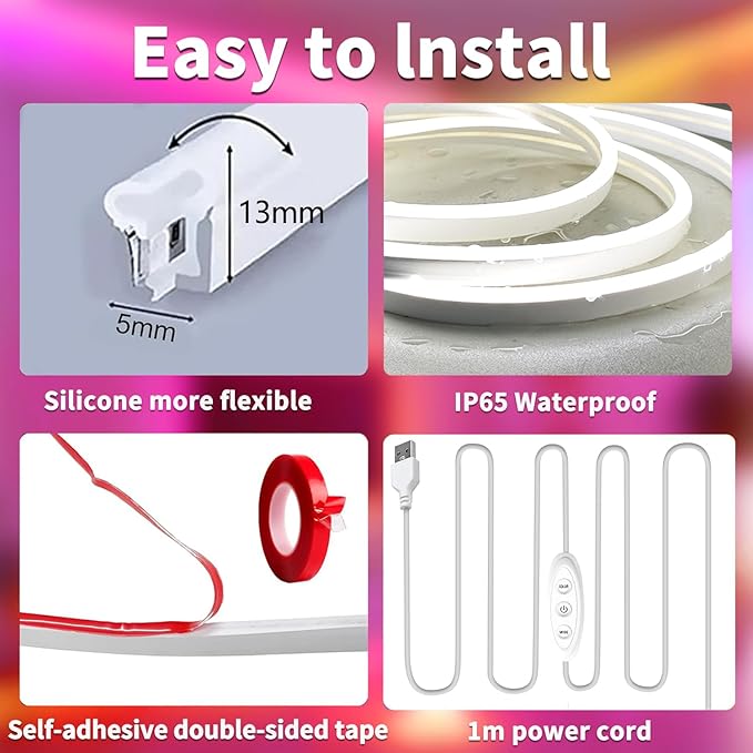 LED Neon Lights，3.3ft USB Powered LED Strip Lights，5V Color Changing Rope Light with APP Control，IP65 Waterproof RGB Rope Lights for Bedroom，Cabinet,Kitchen, DIY (with Adhesive Backing)