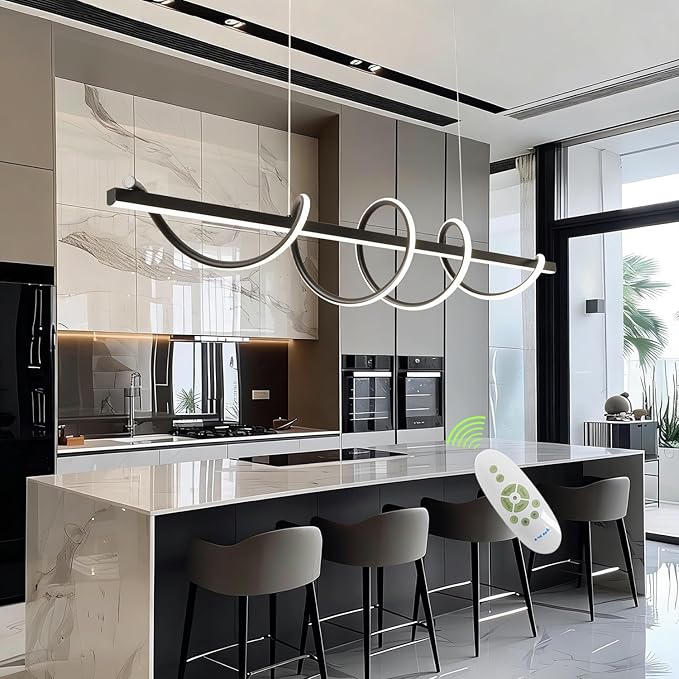 Modern Kitchen Island Light Fixtures 3000K-6500K Black Pendant Lights Fixture with 59.05 inch Soft Silicone Lamp Strip DIY Outlook Modern Linear Chandelier for Table Dining Room Island