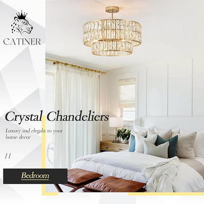 CATINER 20'' Modern Gold Crystal Chandelier Luxury Semi Flush Mount Ceiling Light Fixtures 6-Lights Round Crystal Pendant Chandelier for Dining Room Foyer Living Room Bedroom