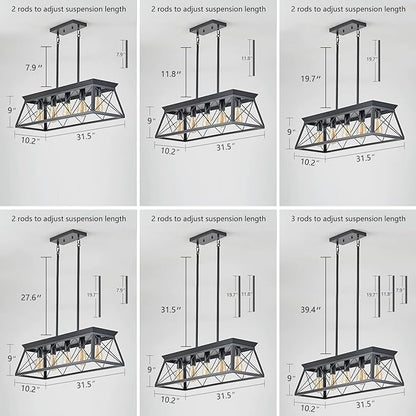 5-Light Farmhouse Dining Room Chandelier Over Table, Rustic Kitchen Island Lighting, Adjustable Height Pendant Light for Kitchen, Dining Room Table Rustic Wood
