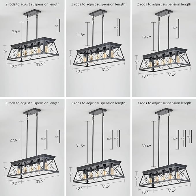 5-Light Dining Room Chandelier Over Table, Farmhouse Kitchen Island Lighting, Adjustable Height Chandeliers for Kitchen, Dining Room Table Walnut