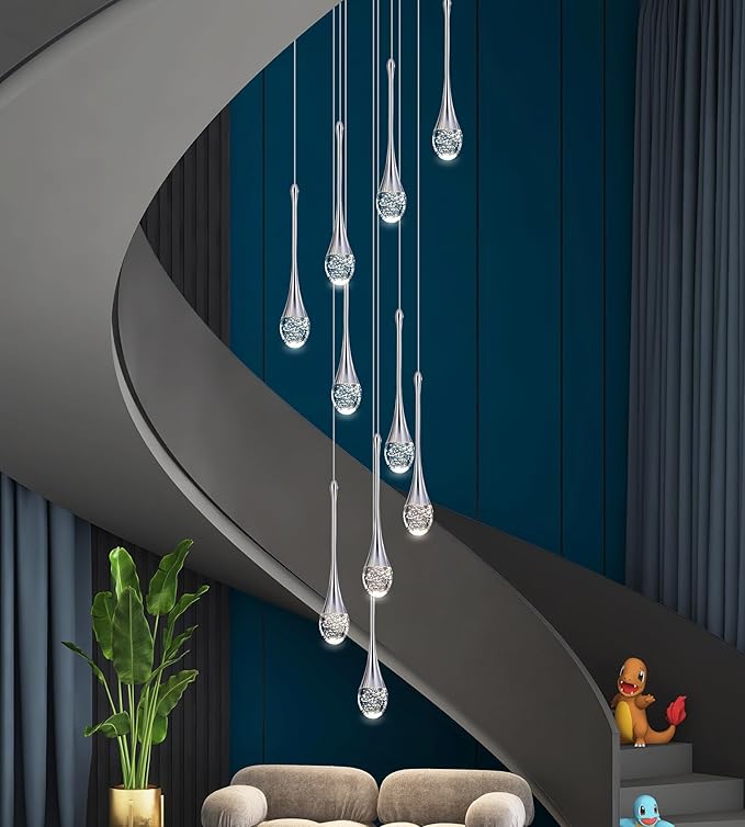 Modern Crystal Chandelier 9-Lights Chrome, H98.5'' High Ceiling Spiral Dimmable LED Bubble Crystal Raindrop Light Fixture for Foyer Entryway Dining Room Remote Control