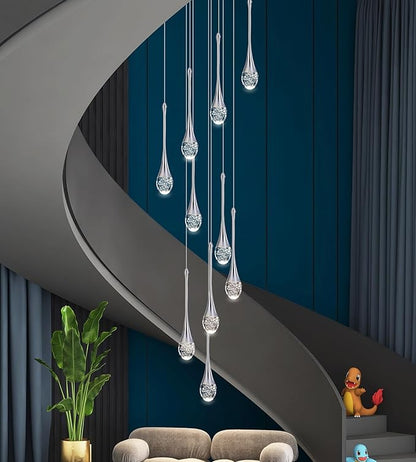 Modern Crystal Chandelier 9-Lights Chrome, H98.5'' High Ceiling Spiral Dimmable LED Bubble Crystal Raindrop Light Fixture for Foyer Entryway Dining Room Remote Control