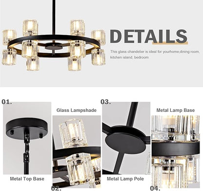 18'' Modern Large Chandelier, 12-Light Elegant Crystal Chandeliers for Dining Room, Black Farmhouse Round Wagon Wheel Pendant Lighting Fixture with Glass Shade for Living Room High Ceilings Entryway