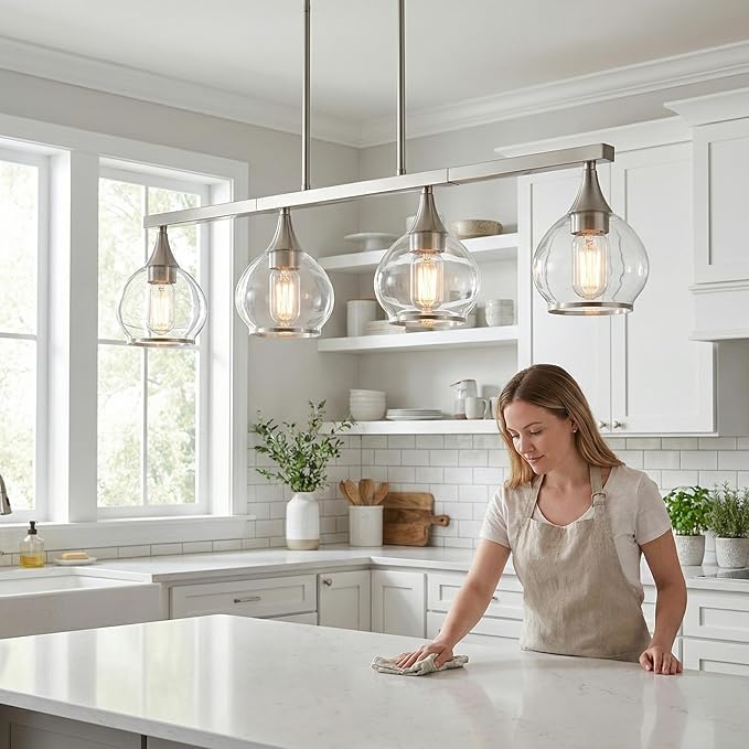 Kitchen Island Linear Pendant Light, 4-Light Modern Chandelier with Clear Glass Globe Shades, Linear Lighting Fixture Over Dining Table, Brushed Nickel
