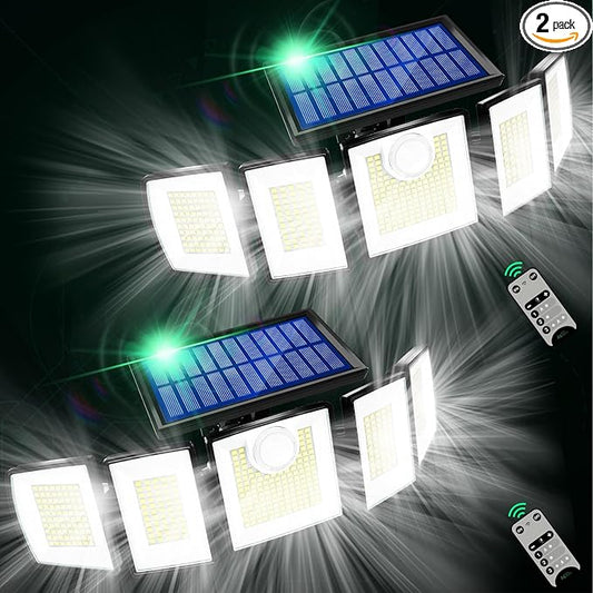 Solar Lights Outdoor Waterproof Motion Sensor - 416 LEDs 3000 Lumens Super Bright 3 Brightness 3 Modes 2400mAh 360° Illumination 32ft Solar Flood Security Light for Outside (2, 13.7x4.3x5inch)