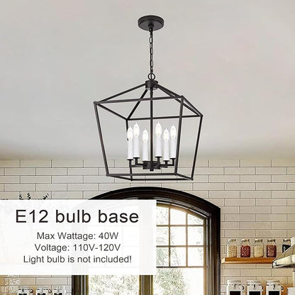 MELUCEE Vintage Lantern Pendant Light 6 Light Industrial Cage Chandelier with E12 White Candle-shaped Base Oil Rubbed Bronze Rustic Geometric Hanging Light Fixture for Kitchen Island Foyer Dining Room
