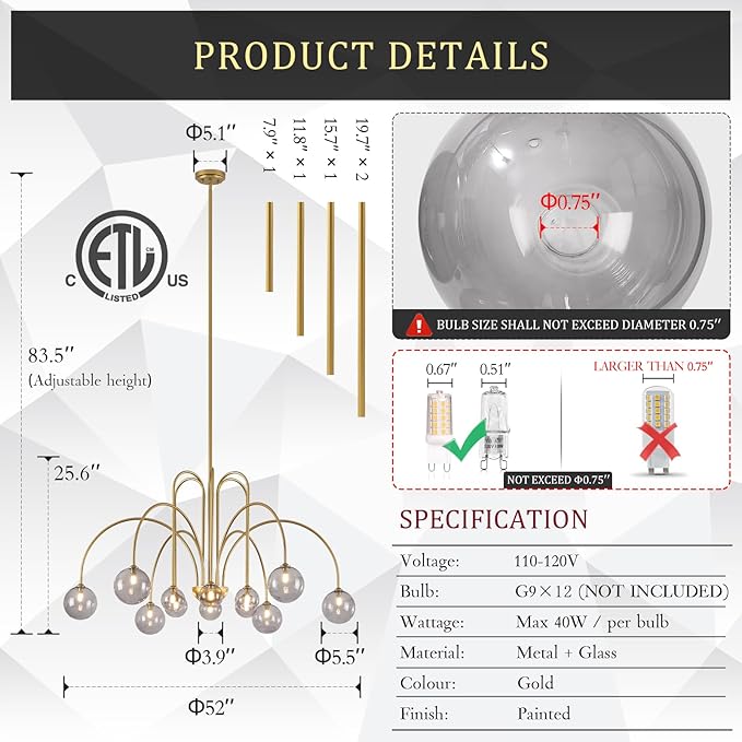 CATINER Gold Chandeliers 12 Lights Modern Sputnik Chandelier Large L52”Mid Century Ceiling Pendant Light Fixtures with Smoke Glass Globe Shades for High Ceiling Living Dining Room Foyer Staircase