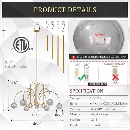 CATINER Gold Chandeliers 12 Lights Modern Sputnik Chandelier Large L52”Mid Century Ceiling Pendant Light Fixtures with Smoke Glass Globe Shades for High Ceiling Living Dining Room Foyer Staircase