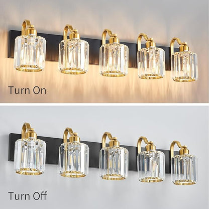 Black Gold Crystal Vanity Light Over Mirror 5 Lights Bathroom Wall Lighting Fixture with Round Shade (Exclude Bulb)