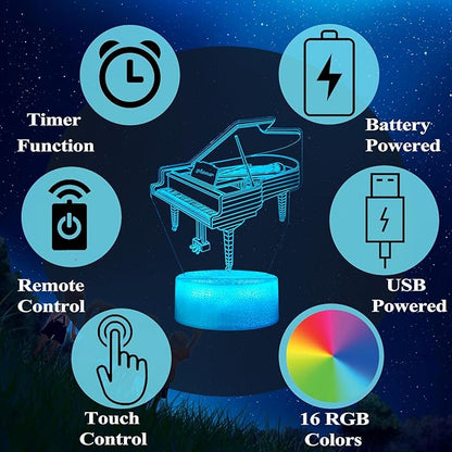 Piano Night Light, Instrument Gifts, Piano 3D Illusion Lamp with 16 Colors Changing, Timer, 4 Flash Modes and Dimmable, Kids Boys Girls Room Decoration, Holiday Xmas Music Gifts