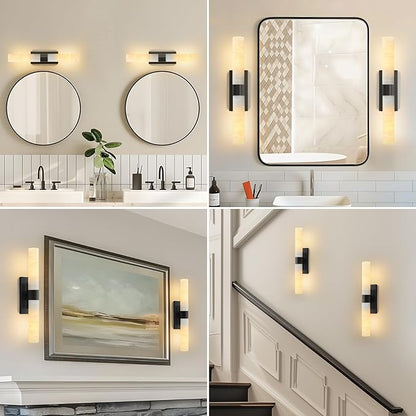 23" Matte Black Brass Wall Sconce with Marble Shade - Bathroom Vanity Light, Makeup Vanity Lamp & Over-Mirror Lighting, Vintage Rust-Resistant E26 Indoor Fixture