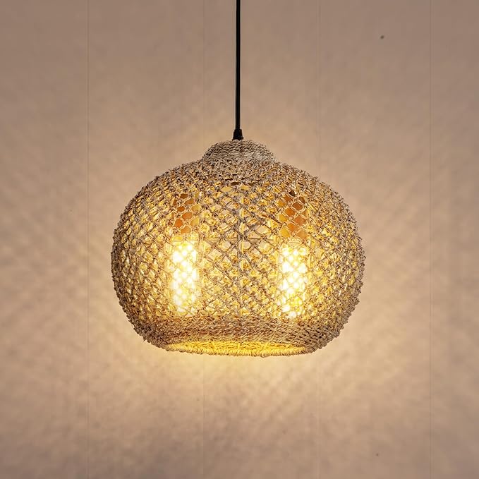 2-Light Rattan Pendant Light, Farmhouse Rattan Chandelier Boho Hand Woven Wicker Hanging Light Fixture for Kitchen Island Living Room Bedroom Dining Room Foyer