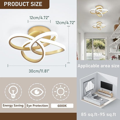 CANEOE Gold Led Hallway Light, 6000K Modern Led Ceiling Light Fixture, Small Close to Ceiling Lamp for Hallway Corridor Closet Bedroom Bathroom Kitchen Stair Curved Design
