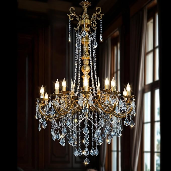 Antique Gold Crystal Chandeliers for High Ceiling H54, 15 Lights Large Luxury Crystal Candle Style Chandelier Light Fixture, Foyer Entryway Staircase Oversize Round H54 D32