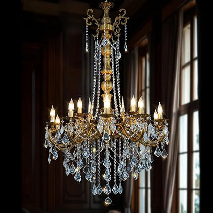 Antique Gold Crystal Chandeliers for High Ceiling H54, 15 Lights Large Luxury Crystal Candle Style Chandelier Light Fixture, Foyer Entryway Staircase Oversize Round H54 D32
