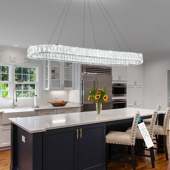 HAIXIANG Modern Crystal Chandelier Dimmable LED Long Chandeliers for Dining Table Pendant Lights Rectangular Glam Lighting Fixtures for Dining Room Kitchen Island Black