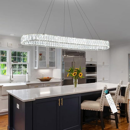 HAIXIANG Modern Crystal Chandelier Dimmable LED Long Chandeliers for Dining Table Pendant Lights Rectangular Glam Lighting Fixtures for Dining Room Kitchen Island Black