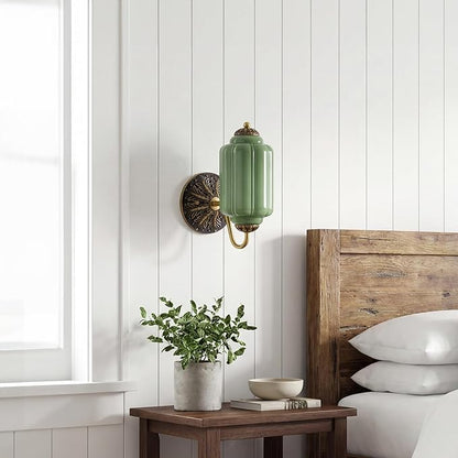 Vintage Milk Green Glass Wall Sconce - Milk Glass Shade Antique Brass Indoor Wall Light for Bedroom, Living Room, and Hallway