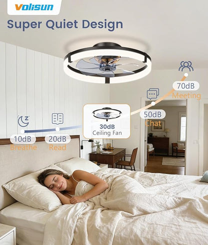 VOLISUN Low Profile Ceiling Fans with Lights and Remote, 20in Flush Mount Ceiling Fans with Light, 3000K-6500K Dimmable Fandelier Ceiling Fan, Black Bladeless Ceiling Fan for Bedroom