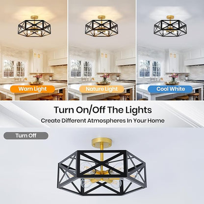 6-Light Semi Flush Mount Ceiling Light Fixture, 19.7" Gold Black Hallway Light Fixtures Ceiling Mount, Modern Close to Ceiling Lighting for Living Room Bedroom Dining Room Kitchen Entry Foyer