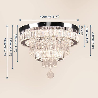 Finktonglan 15.7" Dimmable Crystal Ceiling Light with Remote, 2-Ring LED Flush Mount Chandelier, Adjustable Brightness & 3000K-6500K, Built-in LED for Bedroom Hallway Entryway Dining Room