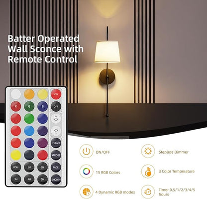 Wall Decor Sconces Set of Two Battery Operated, Rechargeable Wireless Wall Lights for Living Room Bedroom, 2 Battery Powered Wall Lamp with Magnetic Dimmable RGB Bulbs & Remote - Black