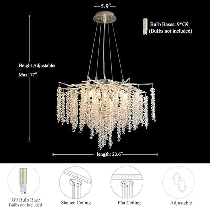 Tree Branch Chandelier Silver D23.7 Modern Round Raindrop Crystal Chandelier Ceiling Pendant Light Fixtures for Dining Room, Kitchen Island, Bedroom, Living Room