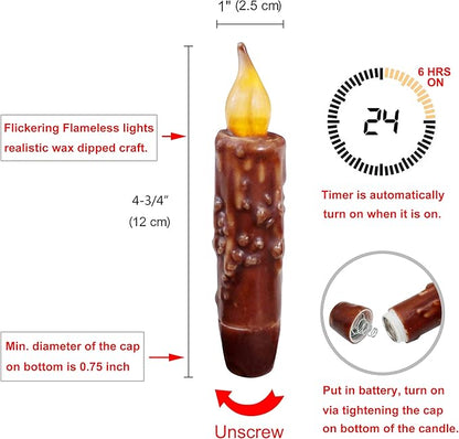 CVHOMEDECO. Real Wax Hand Dipped Battery Operated LED Timer Taper Candles Country Primitive Flameless Lights Décor, 4-3/4 Inch, Coffee, 3 PCS in a Package
