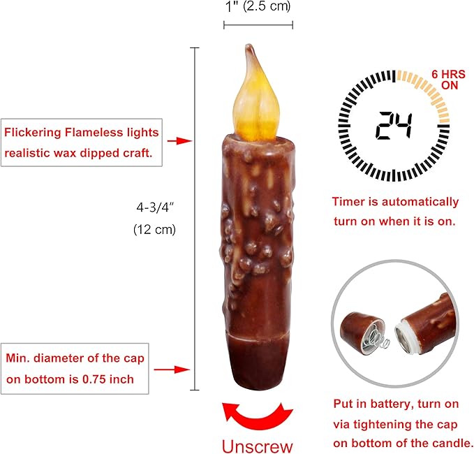 CVHOMEDECO. Real Wax Hand Dipped Battery Operated LED Timer Taper Candles Rustic Primitive Flameless Lights Décor, 4-3/4 Inch, Coffee, 6 PCS in a Package