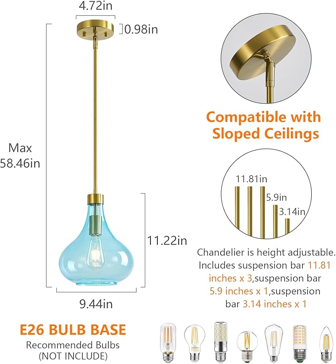 Modern Glass Pendant Light 9.44 in Light Blue Glass Shade Gold Farmhouse Island Pendant Lights for Kitchen Pendant Lighting Over Sink Bedroom Dining Room
