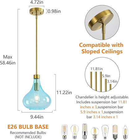 Modern Glass Pendant Light 9.44 in Light Blue Glass Shade Gold Farmhouse Island Pendant Lights for Kitchen Pendant Lighting Over Sink Bedroom Dining Room