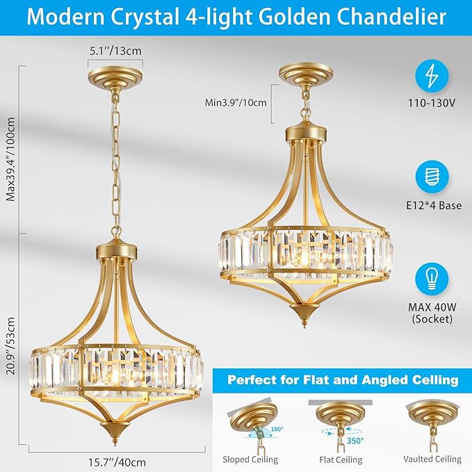 XINGQI 15.7" Modern Dining Room Chandelier Rustic Gold Crystal Lighting Fixture Pendant 4-Light with Round Metal Lampshade for Living Room Kitchen Hallway Bedroom Foyer