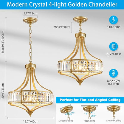 XINGQI 15.7" Modern Dining Room Chandelier Rustic Gold Crystal Lighting Fixture Pendant 4-Light with Round Metal Lampshade for Living Room Kitchen Hallway Bedroom Foyer