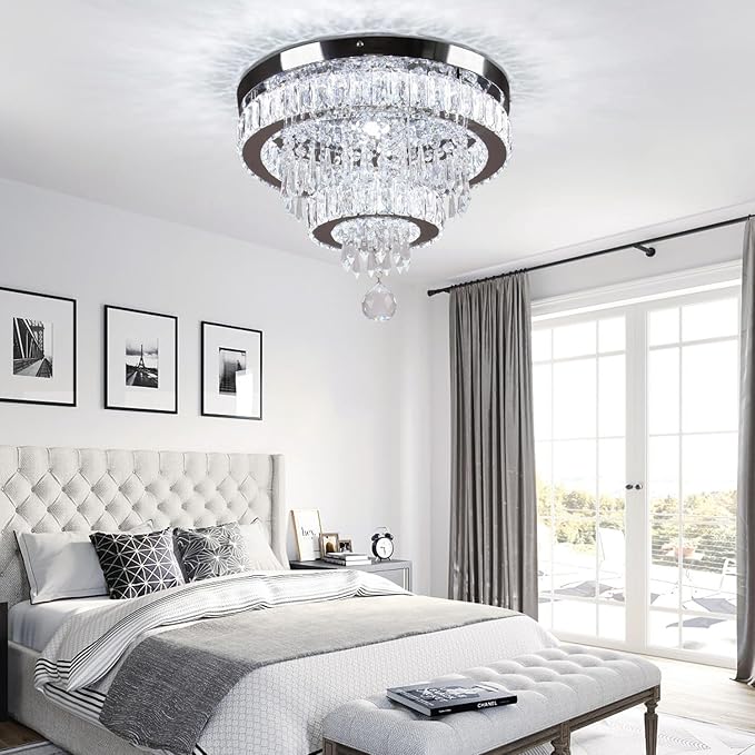 Finktonglan 15.7" Crystal Semi Flush Mount Ceiling Light, 2-Ring LED Crystal Chandelier, Cool White 6500K, Non-Dimmable, Built-in LED for Bedroom Hallway Entryway Dining Room