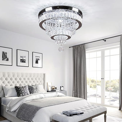 Finktonglan 15.7" Crystal Semi Flush Mount Ceiling Light, 2-Ring LED Crystal Chandelier, Cool White 6500K, Non-Dimmable, Built-in LED for Bedroom Hallway Entryway Dining Room