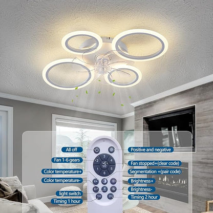 26" White Geometric Circular Ceiling Fan with Lights Remote Control, 3 Colors 6 Speeds Low Profile Ceiling Fan with Light for Kitchen Bedroom