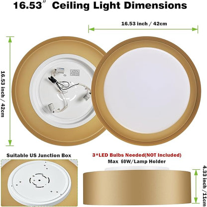 Yiisem Modern Glass Gold Flush Mount Ceiling Lights, 16.5" Minimalist Round Ceiling Lighting, Drum Close to Ceiling Light Fixtures for Living Room, Bedroom, Dining Room, Kitchen, Hallways