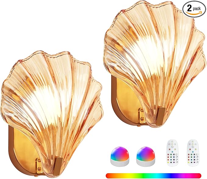Vintage Battery Operated Wall Sconces with Remote, Amber Rechargeable Wireless Wall Sconces with Magnetic LED Bulbs, Indoor Shell Shaped Wall Lights for Living Room, Bedroom, Doorway, Set of 2