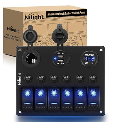 Nilight 6 Gang ON Off Rocker Switch Panel 12V Voltmeter Dual USB Charger Cigarette Lighter Socket For RV Truck Boat , 2 Years Warranty