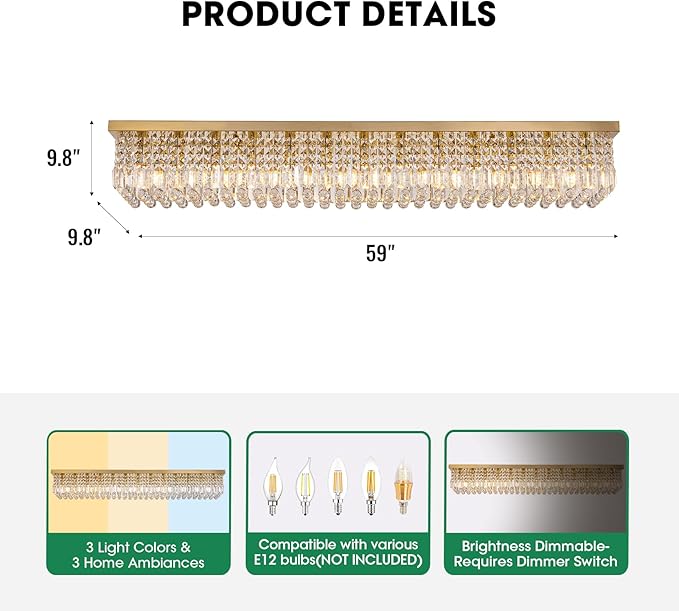 Large Modern Crystal Chandeliers for Dining Room Light Fixture, 13-Light Gold Rectangle Chandelier Ceiling Light for Kitchen Island Living Room, L59 Inch