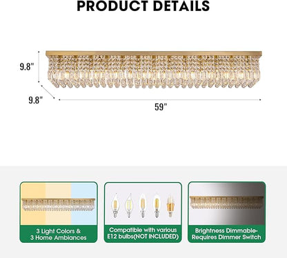 Large Modern Crystal Chandeliers for Dining Room Light Fixture, 13-Light Gold Rectangle Chandelier Ceiling Light for Kitchen Island Living Room, L59 Inch