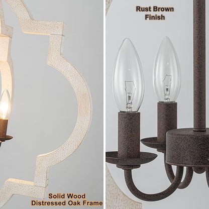 22" Oak Distressed White Chandeliers for Dining Room Farmhouse Wood Pendant Lights Kitchen Island 4-Light Orb Lantern Cage Ceiling Hanging Light Over Table for Entryway Foyer Living Room Bedroom