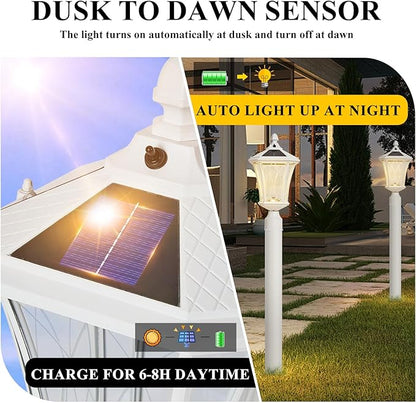 Outdoor Solar Post Lights with Pier Mount Base, White Dusk to Dawn Pillar Lamps with Patterned Glass, Waterproof Exterior Pole Lanterns with for Patio, Garden, Porch